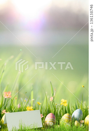 Easter eggs and greeting card in spring grass Easter eggs and greeting card in spring grass 136138746