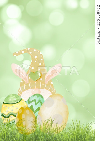 Easter bunny gnome with decorated eggs in grass Easter bunny gnome with decorated eggs in grass 136138752