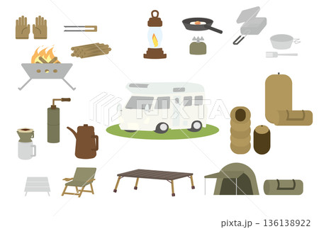 キャンピングカーとキャンプギアのセットイラスト 136138922