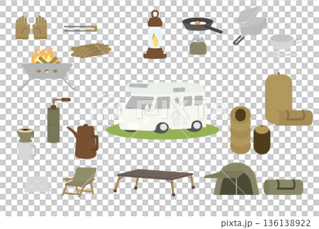 キャンピングカーとキャンプギアのセットイラスト 136138922