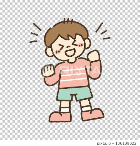 ガッツポーズで喜ぶ男の子のイラスト 手描き 136139022