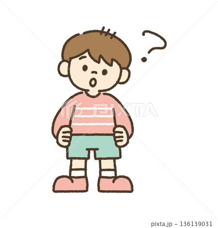 首をかしげて疑問に思う男の子のイラスト 手描き 136139031