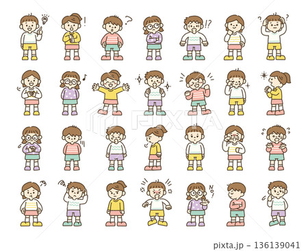 子どもの感情イラストセット　喜ぶ・怒る・悲しむ・考える 手描き パステルカラー 136139041