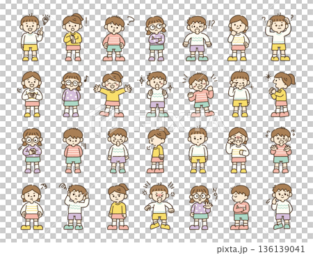 子どもの感情イラストセット　喜ぶ・怒る・悲しむ・考える 手描き パステルカラー 136139041