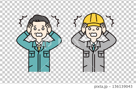 頭を抱えて驚く、社長・経営者とヘルメットをかぶった現場監督のベクターイラスト素材セット 136139043