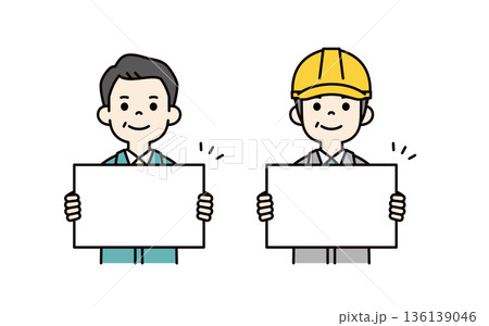 白いフリップを持つ、経営者とヘルメットを被った現場作業員のベクターイラスト素材セット 136139046