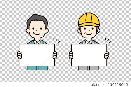 白いフリップを持つ、経営者とヘルメットを被った現場作業員のベクターイラスト素材セット 136139046