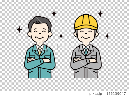 Vector illustration set of a president/manager and a site supervisor wearing a helmet, praising/impressing 136139047