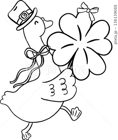 Cute Silly Goose St. Patrick day Outline Wearing Leprechaun Holding Shamrock Clover Lucky Leaf Hand Drawn 136139088