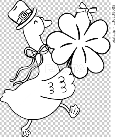 Cute Silly Goose St. Patrick day Outline Wearing Leprechaun Holding Shamrock Clover Lucky Leaf Hand Drawn 136139088