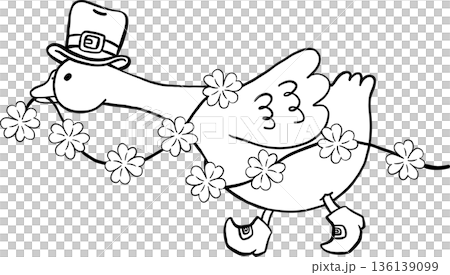 Cute Silly Goose St. Patrick day Outline Anxiety Running with Clover Leaf Garland Cartoon Hand Drawn 136139099