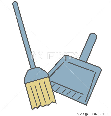 塵取りとホウキのシンプルなイラスト素材（掃除・清掃用品・ブルー） 136139169