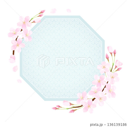 桜の花びらが舞う八角形フレーム 136139186