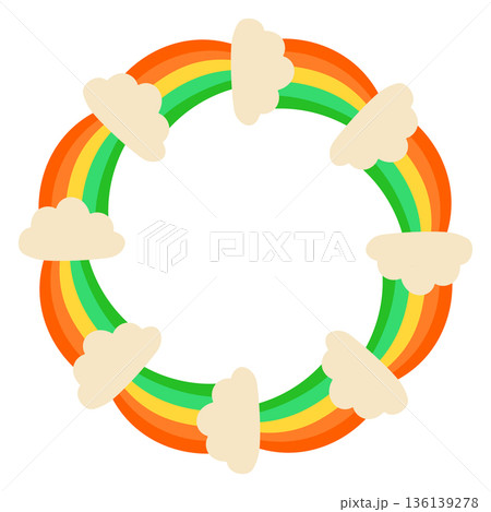 Whimsical St Patricks Day vector frame with rainbow elements arranged in circular wreaths. Cute flat design for holiday cards, posters, invitations, and festive decor. Whimsical St Patricks Day vector frame with rainbow elements arranged in circular wreaths. Cute flat design for holiday cards, posters, invitations, and festive decor. 136139278