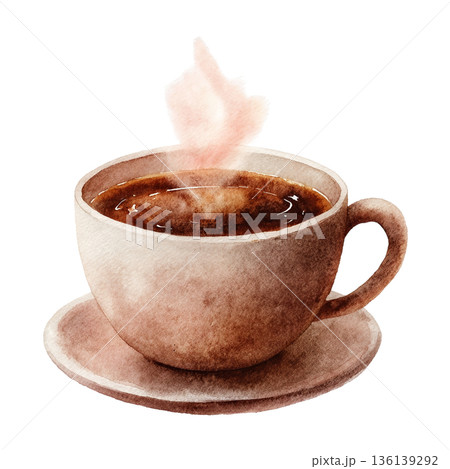 透明背景（png）にコーヒーカップに入ったホットコーヒーの水彩イラスト 136139292