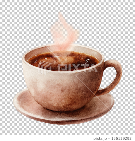 透明背景（png）にコーヒーカップに入ったホットコーヒーの水彩イラスト 136139292