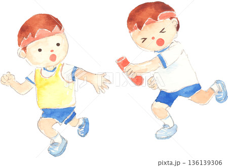 運動会のリレーでバトンを渡す子どものイラスト ベクター 運動会のリレーでバトンを渡す子どものイラスト ベクター 136139306