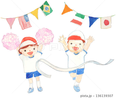 万国旗と運動会のイラスト　ベクター（各パーツ動かせます） 136139307