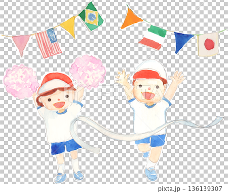万国旗と運動会のイラスト　ベクター（各パーツ動かせます） 136139307