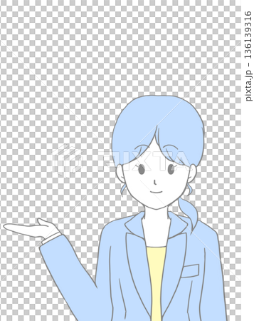 A woman with a ponytail in a suit giving directions with a smile 136139316