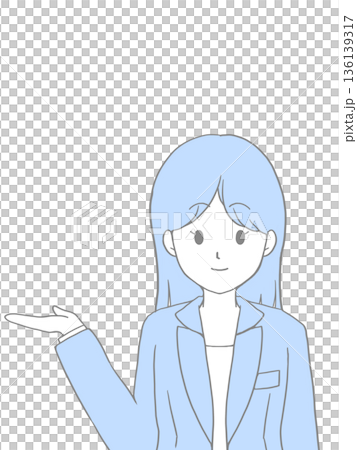 笑顔で案内をするスーツ姿のロングヘアーの女性 136139317