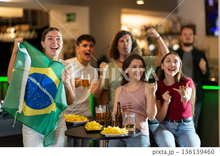 Group of fans in bar with Brazilian flag Group of fans in bar with Brazilian flag 136139460