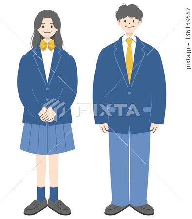制服を着て立つ男女の高校生の全身イラスト｜セット1 136139587