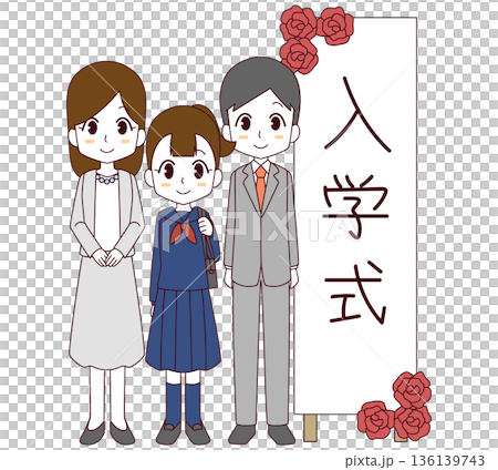 Illustration of first-grade girls and their parents standing in front of a signboard at the entrance ceremony 136139743