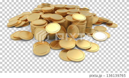 積み重ねられたゴールドコイン ポイ活 カジノ イメージ CG 136139765