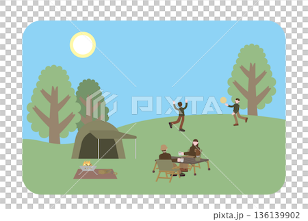 在陽光明媚的日子裡，一家人在山上享受露營的樂趣。 136139902
