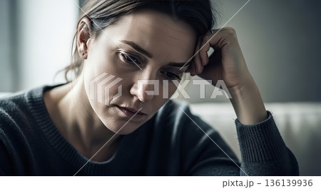 うつ病で暗い表情の女性が一人で悩む姿 メンタルヘルスと心の健康イメージ 136139936