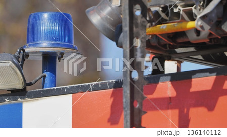 Blue flashing siren on french fire truck flashing light 136140112