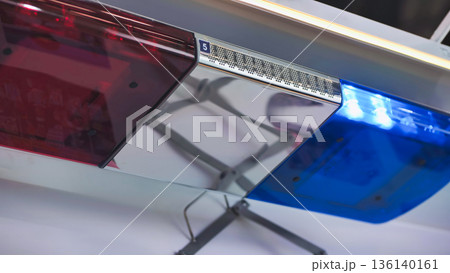 Police emergency light bar flashing red and blue, symbolizing law and order Police emergency light bar flashing red and blue, symbolizing law and order 136140161