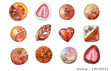 カラフルなチョコの水彩イラスト 136140331