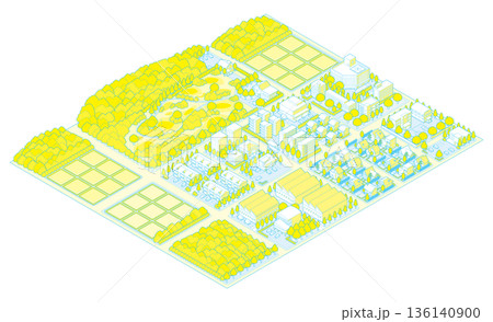 郊外の街並みのイラスト. アイソメ図で描いた都市. 郊外の街並みのイラスト. アイソメ図で描いた都市. 136140900