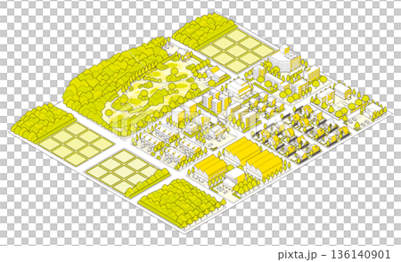 郊區城市景觀插圖。等距視角城市。 郊區城市景觀插圖。等距視角城市。 136140901