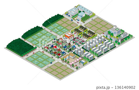 郊外の街並みのイラスト. アイソメ図で描いた都市. 136140902