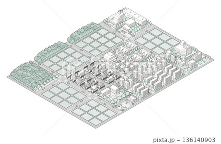 郊外の街並みのイラスト. アイソメ図で描いた都市. 郊外の街並みのイラスト. アイソメ図で描いた都市. 136140903