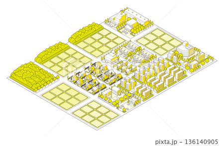 郊外の街並みのイラスト. アイソメ図で描いた都市. 136140905