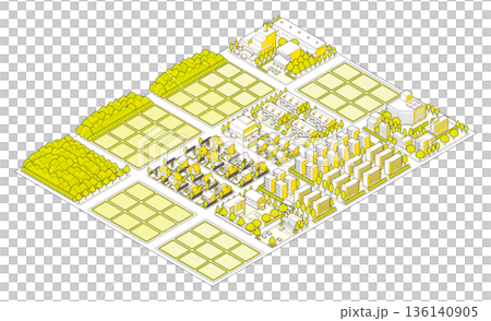 郊外の街並みのイラスト. アイソメ図で描いた都市. 136140905