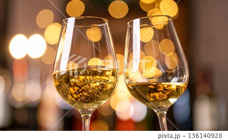 Two glasses of white wine, one swirling, with an elegant, blurred background 136140928