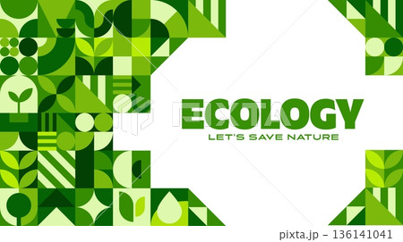 Ecology banner with green geometric Bauhaus pattern. Earth day abstract shapes vector banner, nature saving flyer. Ecology or environment protection poster with Bauhaus artwork green pattern 136141041