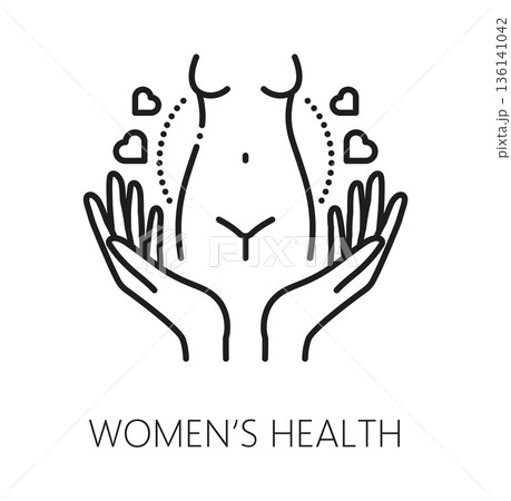 Woman health, gynecology and fertility line icon. Reproductive healthcare outline pictogram, gynecology and fertility health vector icon. Urinary medicine symbol with woman body, love hearts and hands 136141042