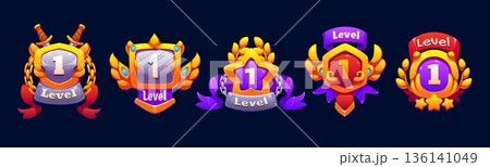 Game level up rank badge icons asset, shields with golden laurel wreaths, medieval ribbons, glowing wings and shining stars. Cartoon vector emblems with gems for mobile game, competition progress 136141049