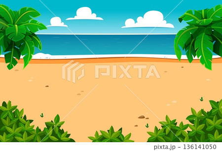 Sunny tropical beach with calm blue ocean, golden sand, green palm leaves and bushes in the foreground. Horizon under fluffy white clouds. Cartoon vector island beach landscape, game level background 136141050