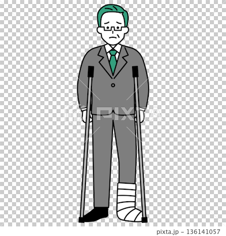 一位身穿西裝、腿部受傷、拄著拐杖的中年男子 一位身穿西裝、腿部受傷、拄著拐杖的中年男子 136141057