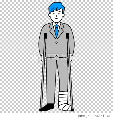A man in a suit with a leg injury and crutches 136141058