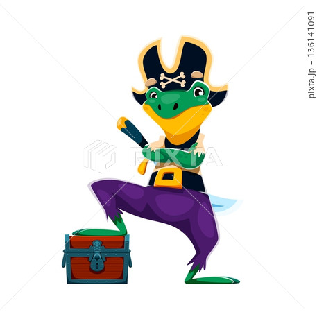Frog animal pirate vector character confidently stands with leg on a locked treasure chest. Cartoon frog corsair in colorful outfit with tricorn hat, belt and long sword exudes playful confidence Frog animal pirate vector character confidently stands with leg on a locked treasure chest. Cartoon frog corsair in colorful outfit with tricorn hat, belt and long sword exudes playful confidence 136141091