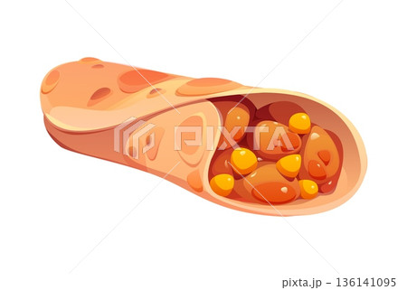 Cartoon fast food or takeaway isolated vector burrito wrapped in soft tortilla with orange beans and yellow corn kernels. Mexican cuisine meals and Tex Mex fast food sandwich burrito wrap for menu 136141095
