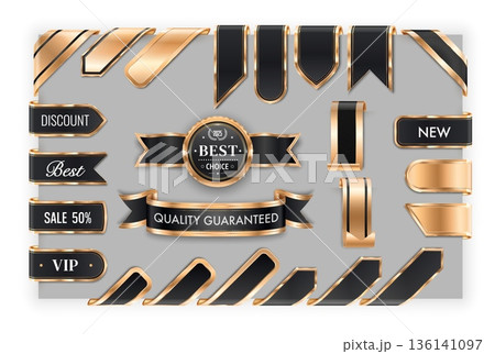 Golden ribbons, badges and labels or luxury award tags of quality guarantee, vector seals. Golden ribbons for premium product best choice and sale discounts or VIP badge medal for exclusive promotion 136141097